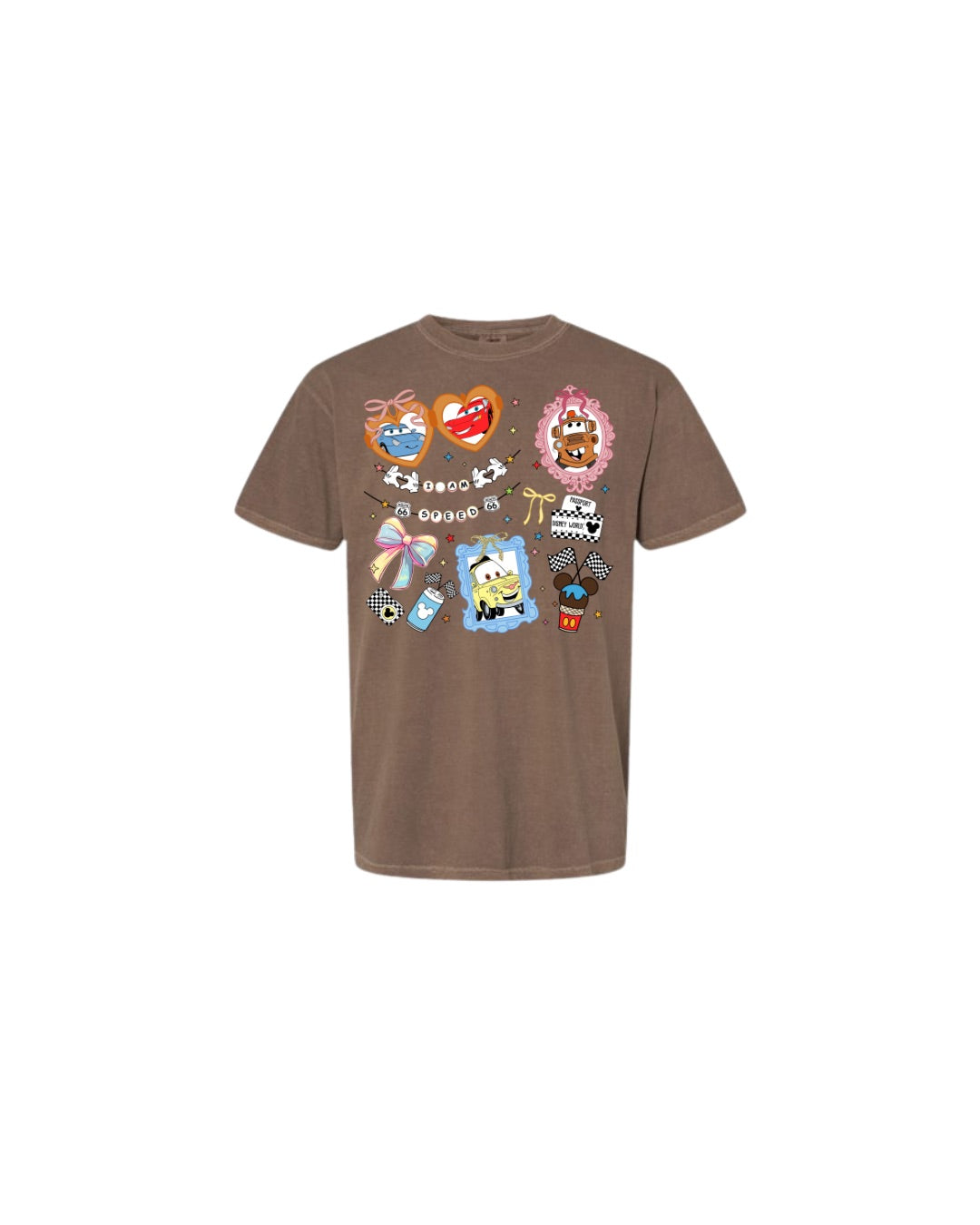 Brown t-shirt featuring colorful cartoon cars and playful decorative icons on the front